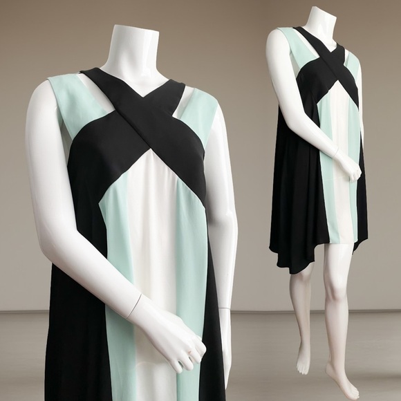 BCBGMaxAzria Colorblock Formal Slip Dress Wedding Victorian Romantic Black Green - Picture 4 of 6